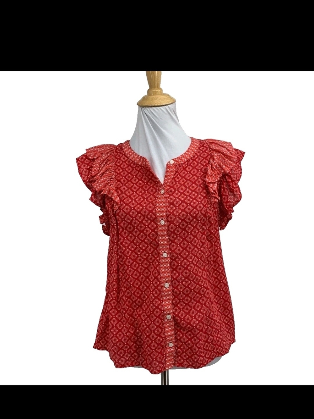 NWT Vineyard Vines‎ Red Printed Ruffle Sleeve Button Front Top